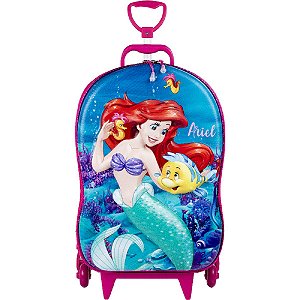 Mochila Escolar Pequena Sereia Ariel 3D de Rodinhas Maxtoy