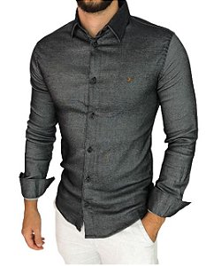 Camisa Jeans Slim Fit Masculina Preta Luxo Manga Longa Promoção