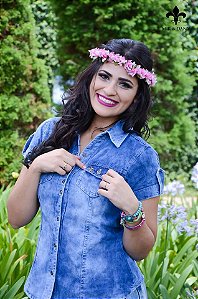 Camisa Jeans Feminina azul Slim Manga Curta