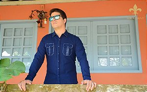 Camisa social masculina manga longa Jeans Azul original