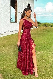 Vestido Longo Fenda em renda Marsala Festa madrinha formatura