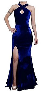 vestido longo fenda estilo sereia veludo Azul Royal