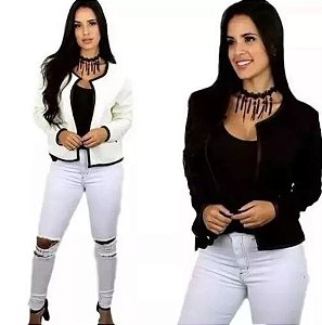 Blazer Feminino Slim  Jaqueta Casaco Preto Branco