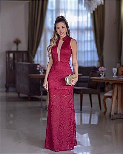 Vestido Marsala Longo Renda Sereia Gola Rainha Decote Tule Festa Madrinha casamento