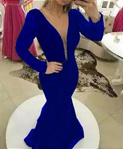 Vestido Azul Royal Longo Renda De Festa Madrinha Com Tule Manga Longa
