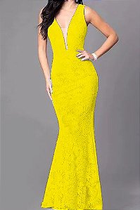 Vestido Amarelo Longo Madrinha de casamento Decote Tule Estilo Sereia