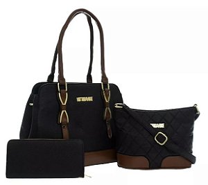 Bolsa de Couro Feminina Preto Ombro Kit 3 Peças