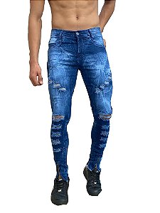 Calça Masculina Jeans Rasgada Skinny Sarja Slim  Zíper Lycra Azul