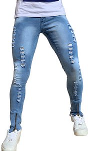 Calça Jeans Masculina Slim Fit Rasgada destroyed Com Lycra Azul Claro