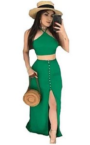 conjunto feminino saia Fenda e Cropped Com Bojo Verde