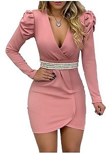 Vestido  curto manga longa bufante decote Rosé