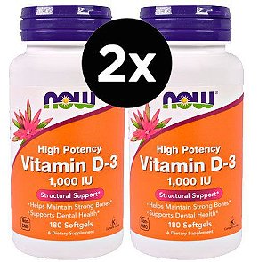 2X Vitamina D3, 1.000 IU, 180 Softgels - NOW Foods (Total de 360 capsulas)