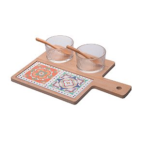 Conjunto 6 Peças Petisqueiras de Vidro com Colher e Bandeja de Bambu Tábua Ladrilho 32x22,5cm Wolff