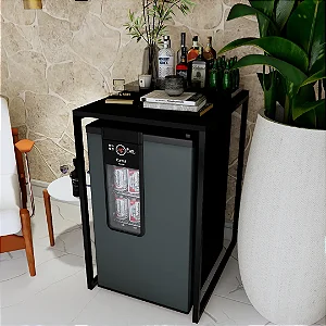 Móvel Aparador Bar Para Frigobar Cervejeira Adega Gourmet Tampo Preto/metal Preto