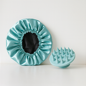 Kit Escova Massageadora Silicone + Touca de Cetim