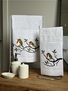 CONJUNTO TOALHA DE MÃO E ROSTO PÁSSARO LARANJA - LINHO BRANCO