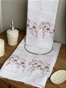 CONJUNTO TOALHA DE MÃO E ROSTO FLORES ROSA