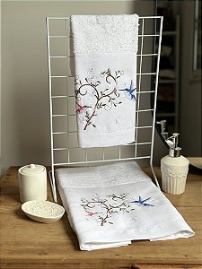 CONJUNTO TOALHA DE MÃO E ROSTO BEIJA FLOR - LINHO BRANCO