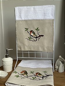 CONJUNTO TOALHA DE MÃO E ROSTO PASSARO LARANJA - LINHO BEGE