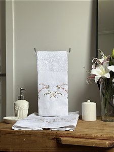 TOALHA DE MÃO FLORES LAÇO - LINHO BRANCO