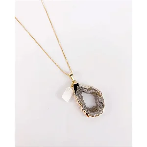 Colar Duo Selenita com Geodo de Ágata Natural Banho Ouro