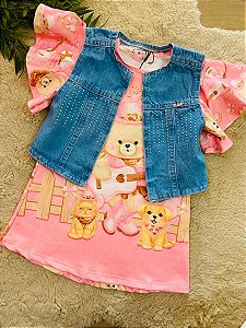VESTIDO MANGA CURTA E COLETE JEANS KUKIÊ - TAM 1 AO 4