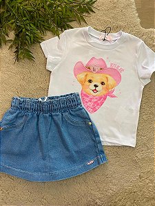 CONJUNTO CAMISETA E SHORT SAIA JEANS KUKIÊ - TAM 2 AO 10
