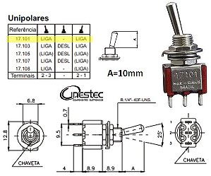 CHAVE ALAVANCA MG 3T 2P  UNIPOLAR  3A  120V  OU 1A / 250V  17101