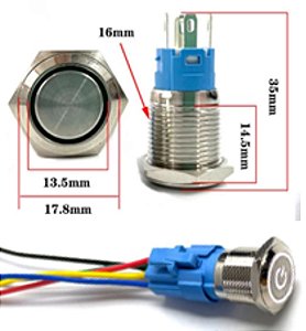 CHAVE BOTAO ANTIVANDALISMO 16mm PULSO 12V BRANCO COM CABO CONECTOR