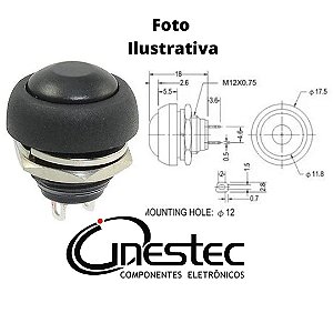 CHAVE PUSH BOTON 12mm A PROVA D'AGUA - SEM TRAVA - NA - Preto