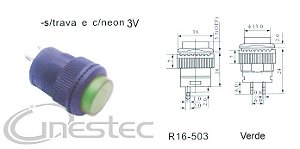 CHAVE PUSH BOTON GRANDE SEM TRAVA COM NEON VERDE R16 503BD