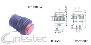 CHAVE PUSH BOTON GRANDE SEM TRAVA COM NEON VERMELHO R16 503BD