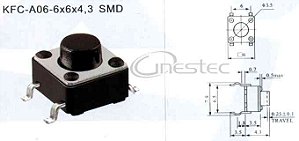 CHAVE TACTIL SMD 4T 180° 6 X 6 X 4,3mm