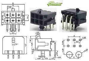 CONECTOR MACHO JS-3027-06, 90 graus  MICRO FIT 6 VIAS 2X3