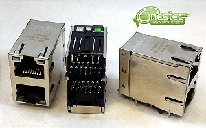 JACK  RJ45 DUPLO 8 VIAS  PARA PLACA 90 graus BLINDADO COM 2 LEDS