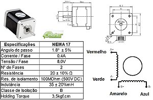 MOTOR DE PASSO NEMA 17 WS17 0,4A MODU  WOTIOM
