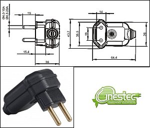 PLUGUE DE FORCA PLD10-2 PRETO COM PRENSA CABO, 10A 90 graus 2 PINOS