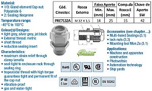 PRENSA CABO -TEC EM PA 6 M32 x 1,5 - ROSCA LONGA - COM INSERTO e CONTRA PORCA - Preto
