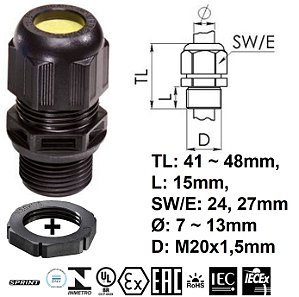 PRENSA CABO COM CONTRA PORCA PA Ex eb, Ex M20x1.5/13