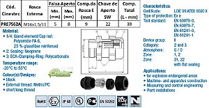 PRENSA CABO S-TEC ATEX PA6 EXE M16 X 1,5 - ROSCA CURTA - ANEL DE VEDACAO