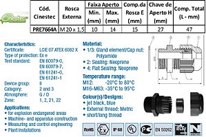 PRENSA CABO S-TEC ATEX PA6 M20 X 1,5/16 - ROSCA LONGA - ANEL DE