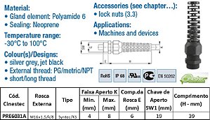 PRENSA CABO SYNTEC PA6 - COM RABICHO, ROSCA CURTA - CZ - M 16 X