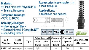 PRENSA CABO SYNTEC PA6 - COM RABICHO, ROSCA CURTA - PR - M 20 X