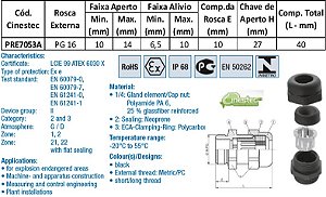 PRENSA CABO WADE-TEC EXE ATEX PA6 PG 16 - ROSCA CURTA
