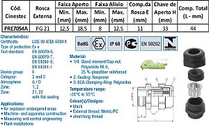 PRENSA CABO WADE-TEC EXE ATEX PA6 PG 21 - ROSCA CURTA