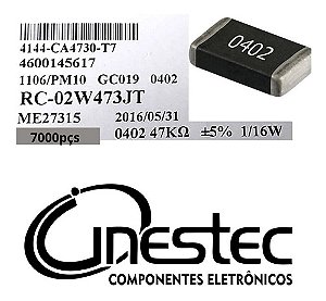 Resistor Smd 0402 - 47k 1/16w 5% - 7000 Unidades