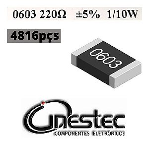 Resistor Smd 0603 1/10w - 220r  5% - 4816 Unidades