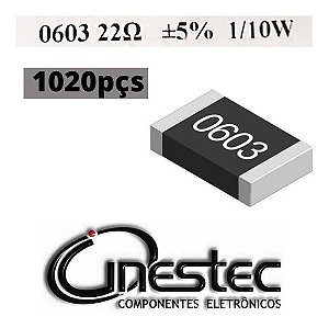 Resistor Smd 0603 1/10w - 22r  5% - 1020 Unidades