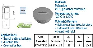 TAMPA PA6 REDONDA TIPO FENDA - M20  PRETO