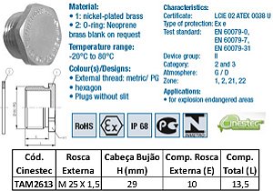 TAMPAO BUJÃO HEXAGONAL LATAO NIQ  M 25 X 1,5 COM ORING